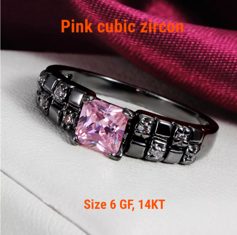 Black gold filled, pink zircon, size 6