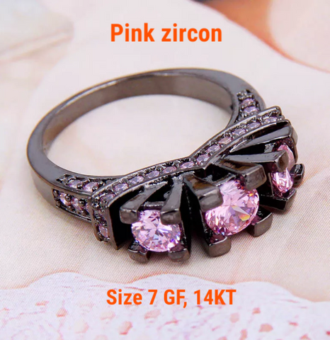 Black gold filled, pink zircon, size 7
