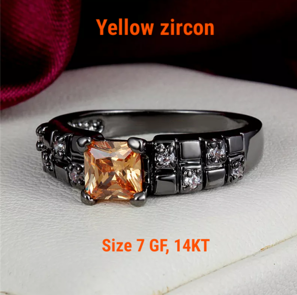Black gold filled, yellow zircon, size 7