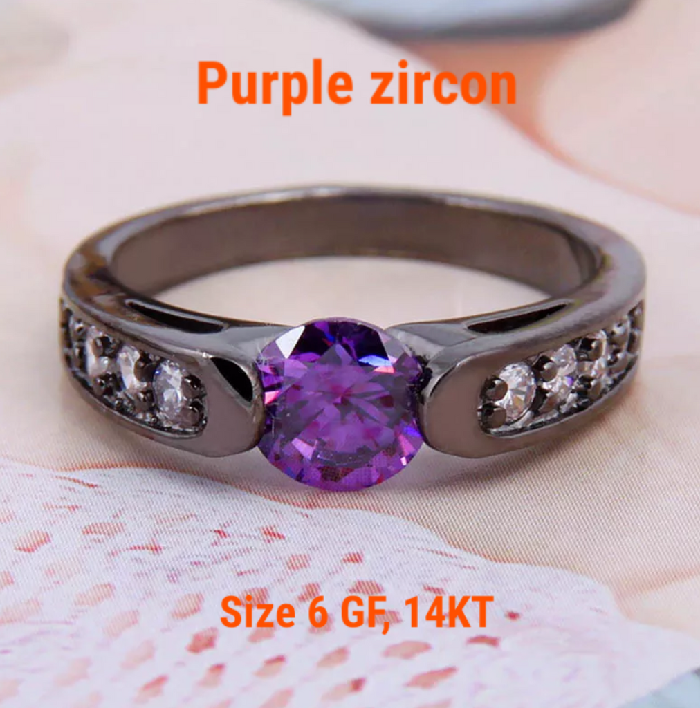 Black gold filled, purple zircon, size 6