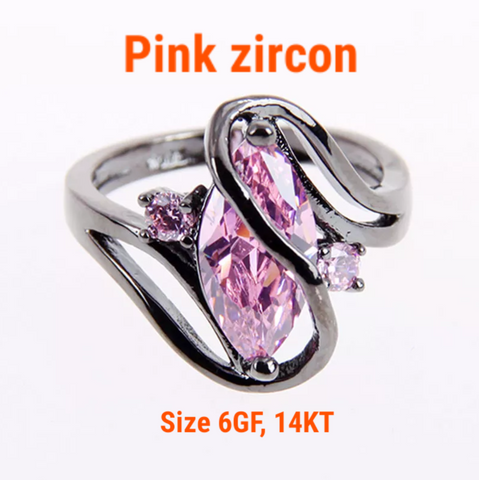Black gold filled, pink zircon, size 6