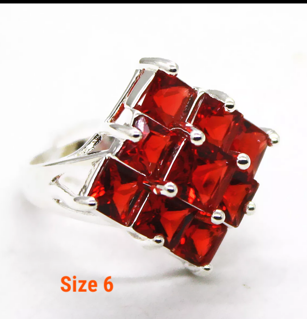 silver, red garnet, size 6