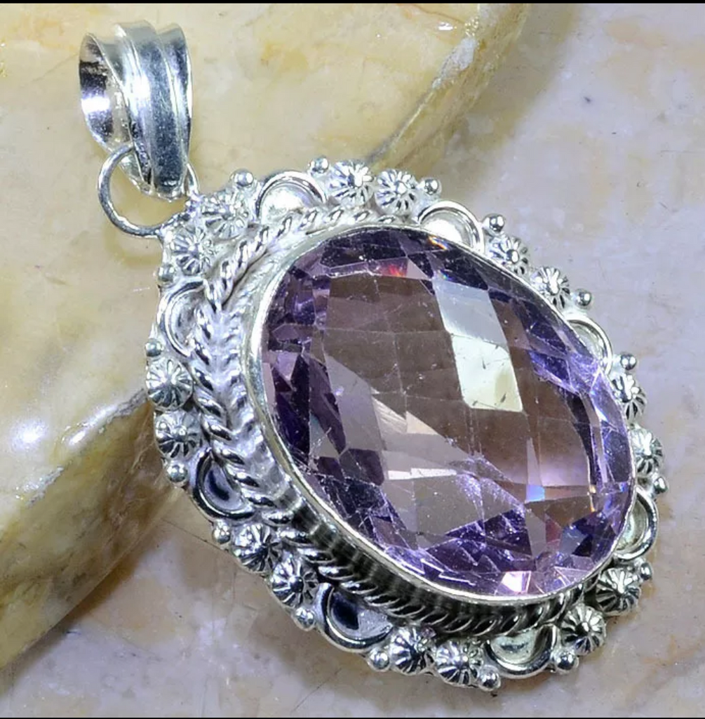 silver, pink topaz pendant with silver chain