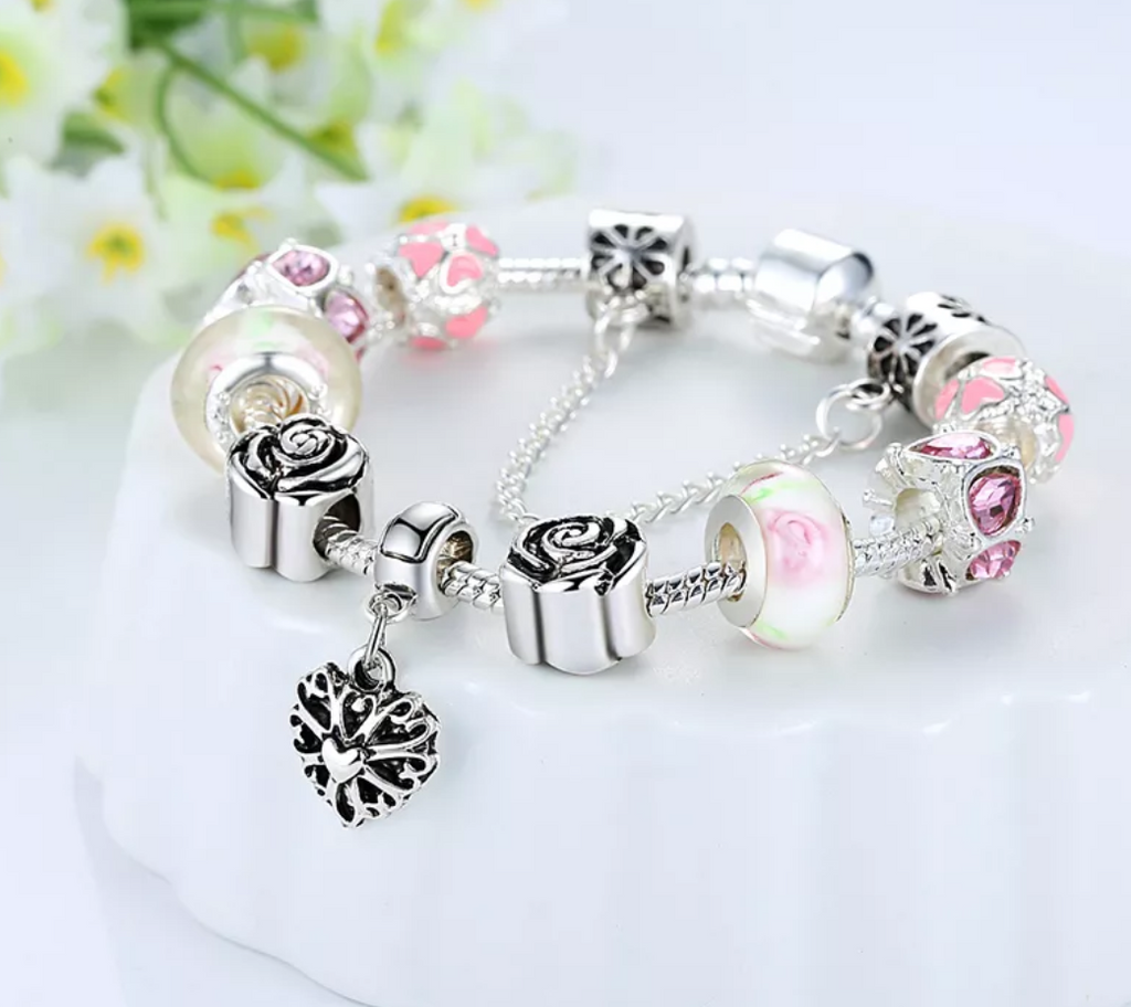 European Silver Bracelets With Heart Charms