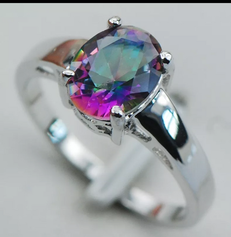 Silver, rainbow topaz size 5