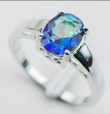 Silver, rainbow topaz size 5