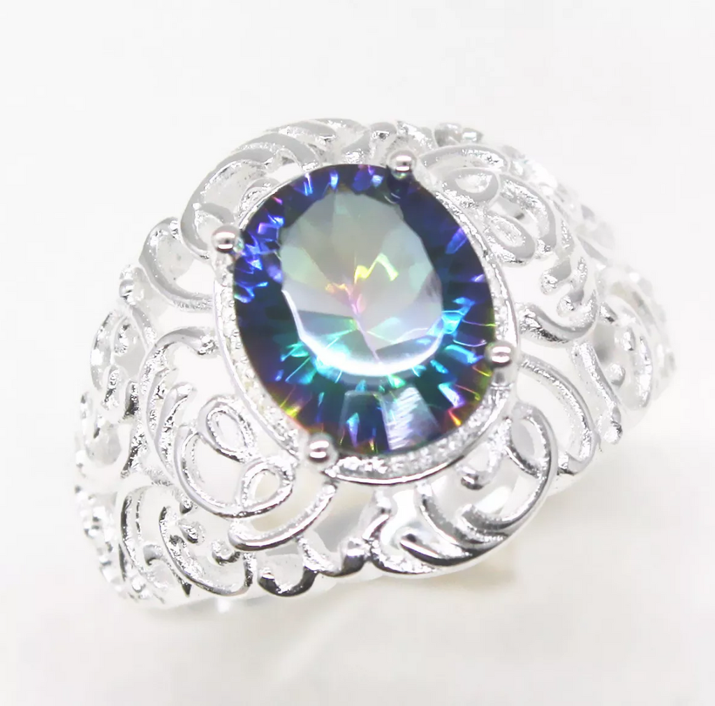 silver, rainbow topaz size 7