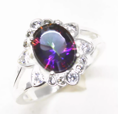 Silver, rainbow topaz size 7