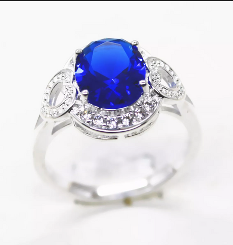 Silver, blue sapphire CZ size 7