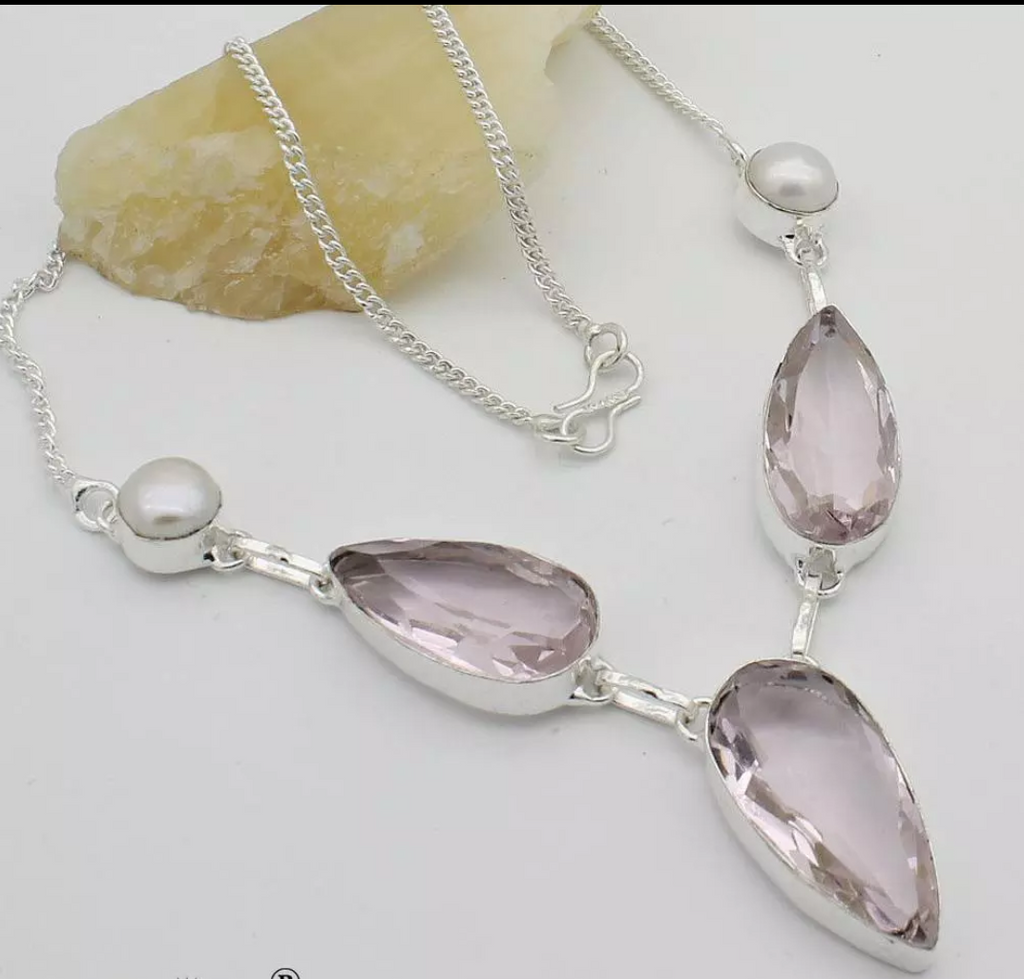 Silver, pink kunzite and pearl