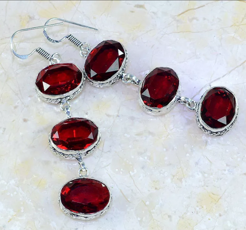 Silver, red garnet earrings