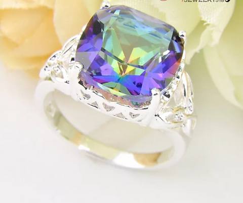 Silver, rainbow topaz size 7