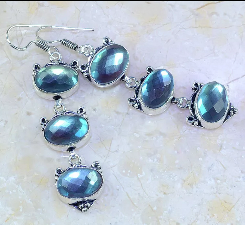 Silver, blue rainbow topaz earrings