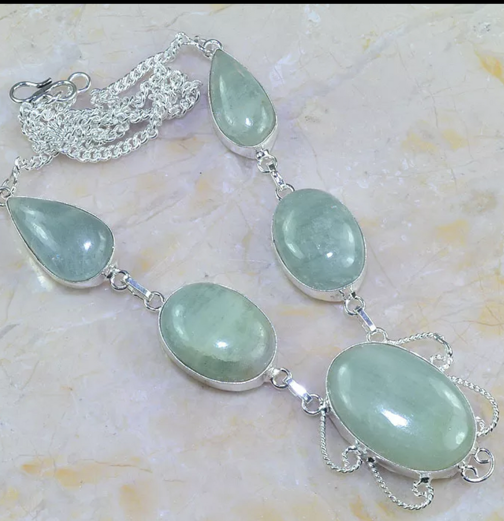 Silver, green jade necklace