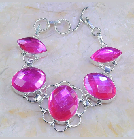 Silver, pink rainbow topaz bracelet