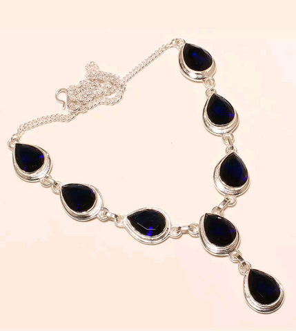 Silver, blue sapphire CZ necklace
