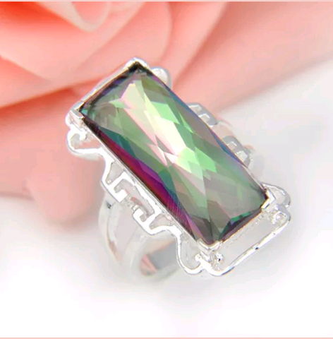 Silver, rainbow topaz size 8