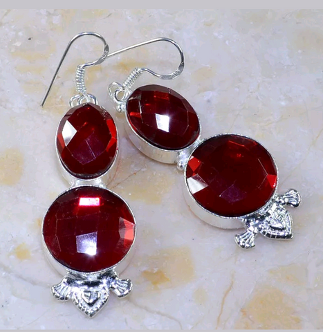 Silver, red rainbow topaz earrings