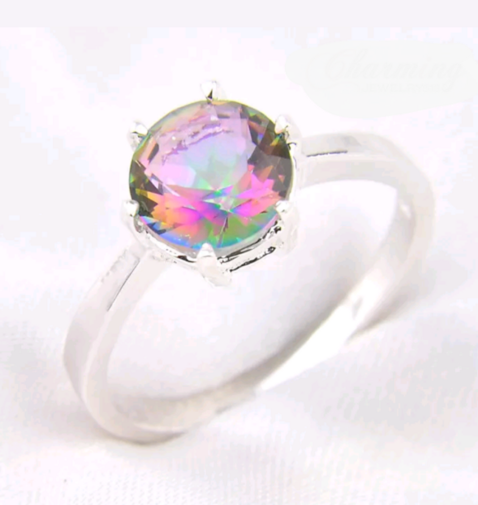 Silver, rainbow topaz size 8