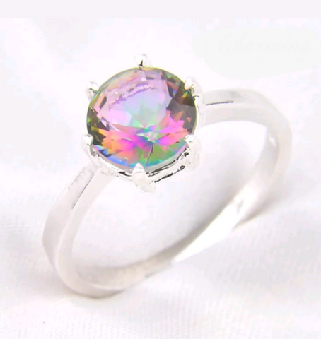 Silver, rainbow topaz size 8