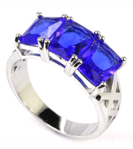 Silver, deep blue sapphire CZ size 8