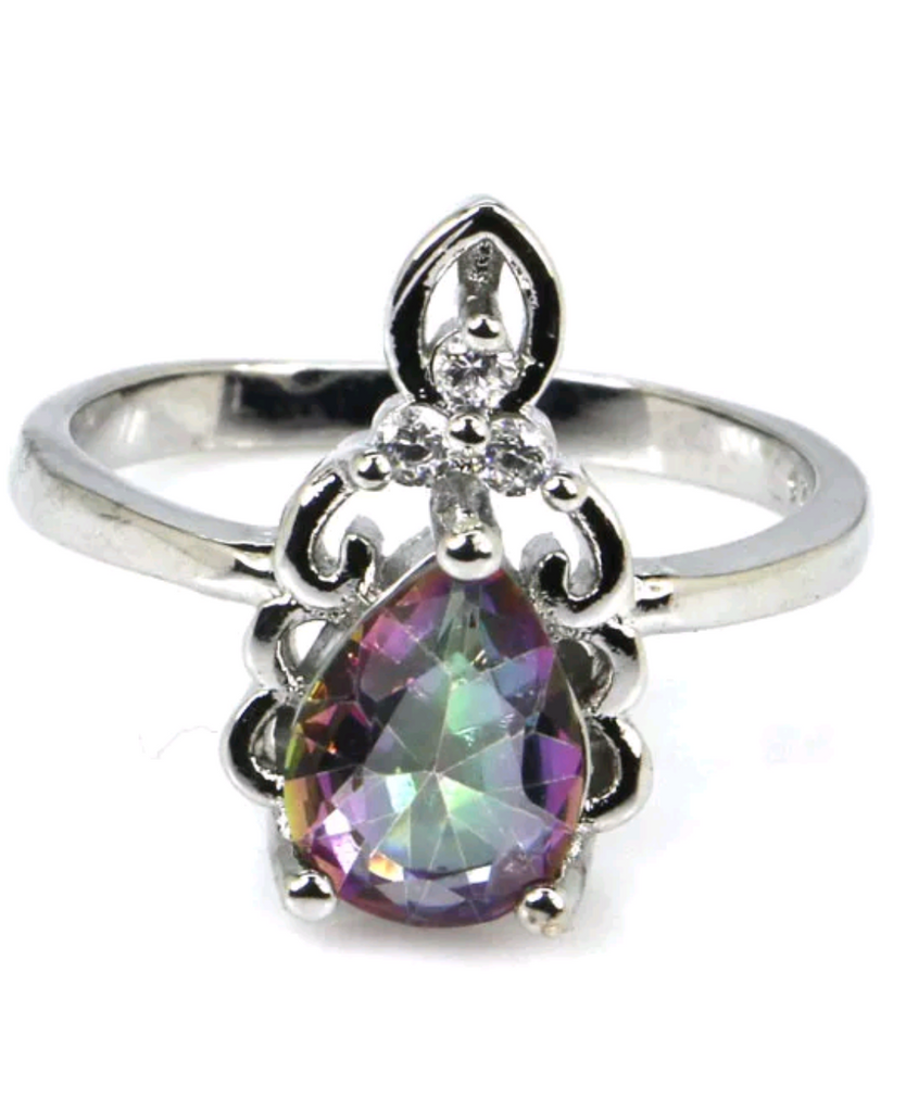 Silver, rainbow topaz size 7.25