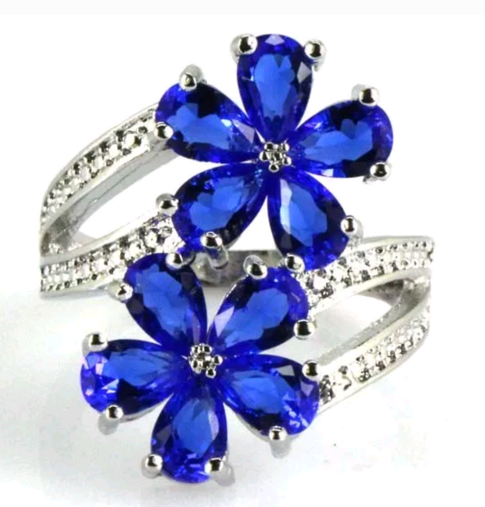 Silver, blue sapphire CZ size 7