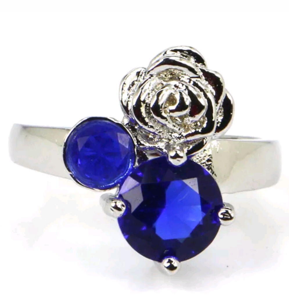 Silver, sapphire CZ size 8