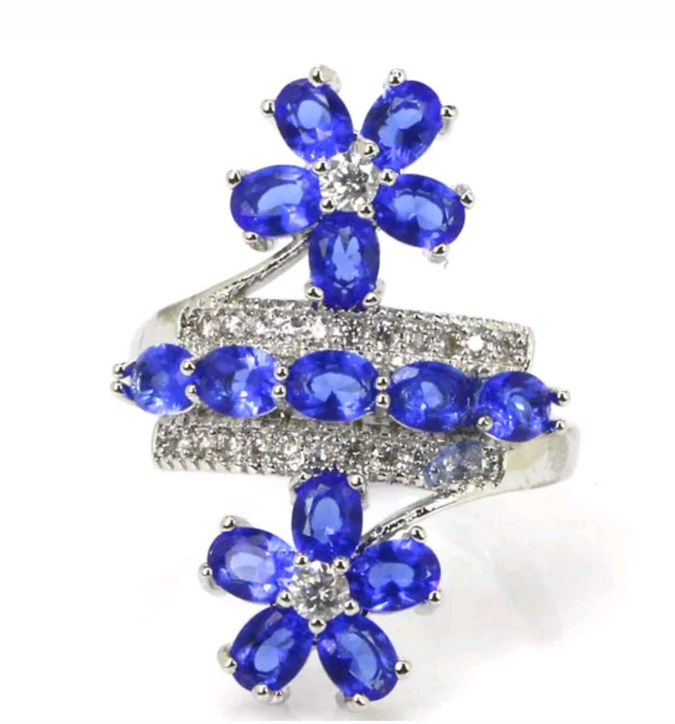 Silver, blue sapphire CZ size 9