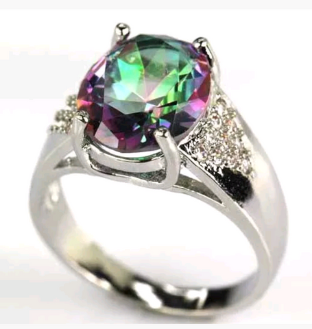 Silver, rainbow topaz size 8