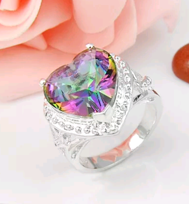 Silver, rainbow topaz size 8