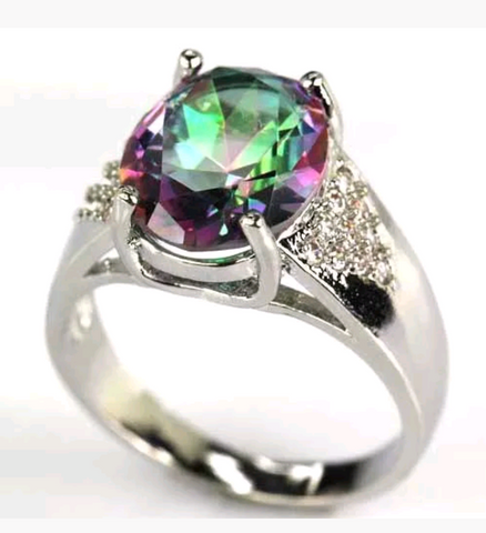 Silver, rainbow topaz size 8