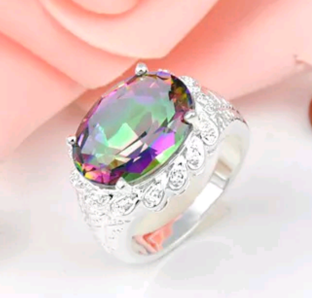 Silver, rainbow topaz size 7