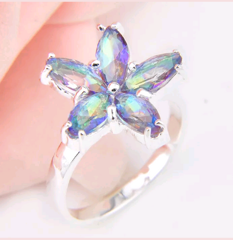 Silver, rainbow topaz size 8