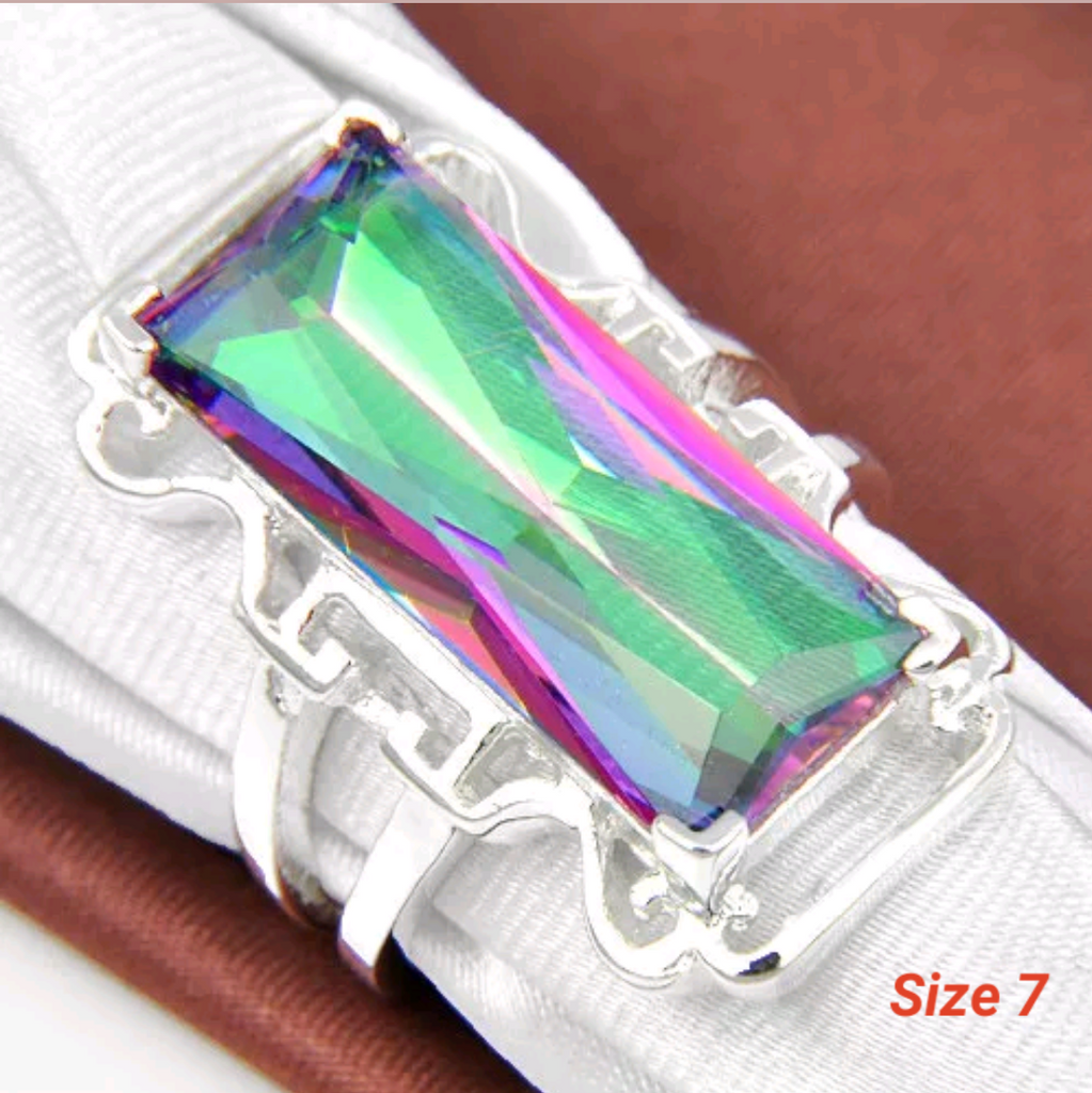 Silver, rainbow topaz size 7