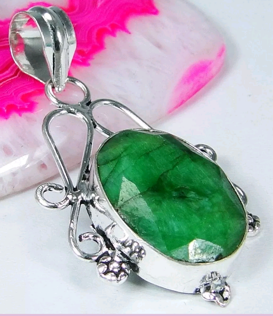 Silver, natural emerald pendant