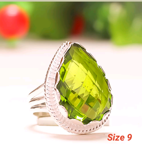 Silver, green peridot size 9