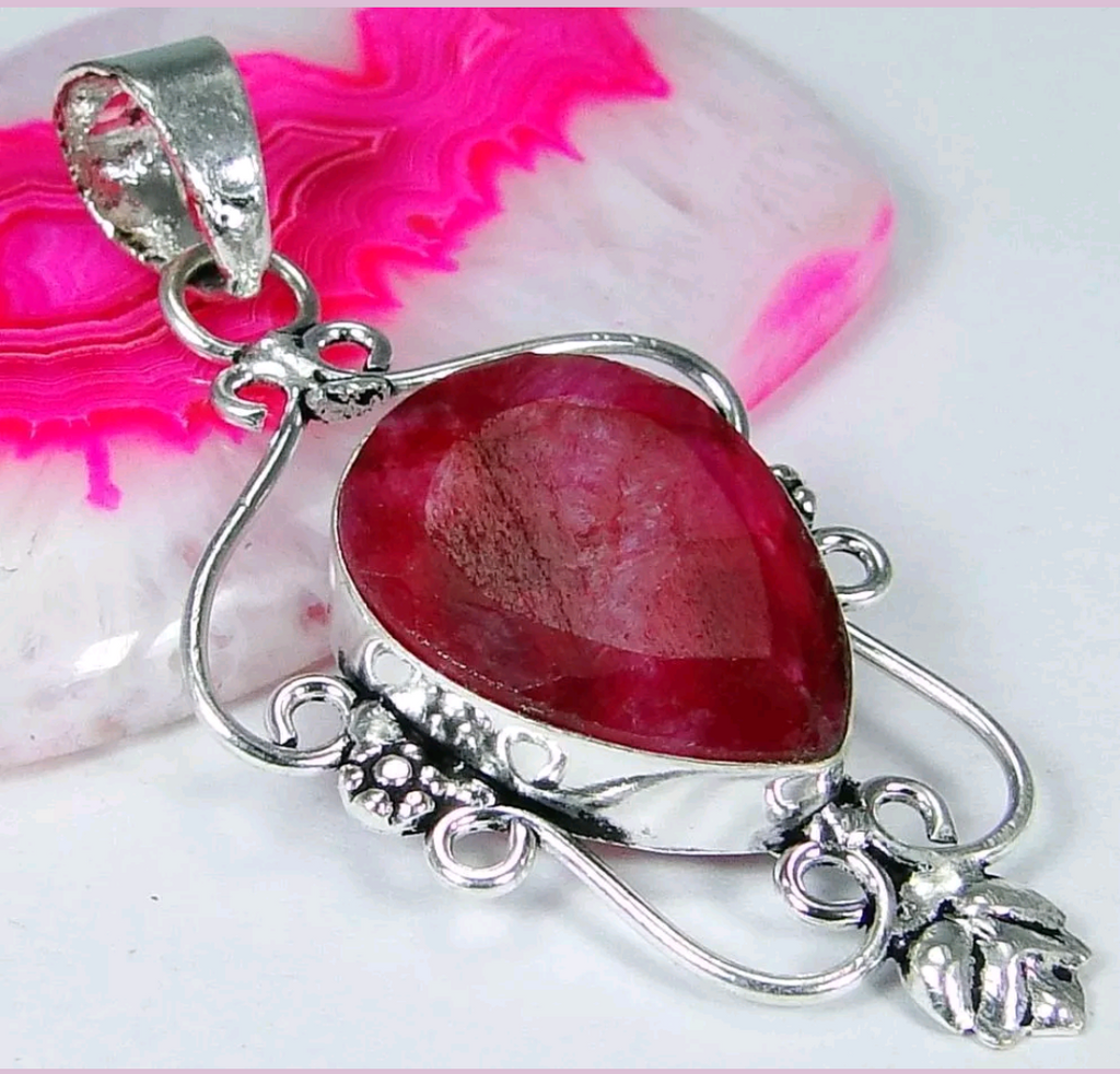Silver, natural ruby pendant