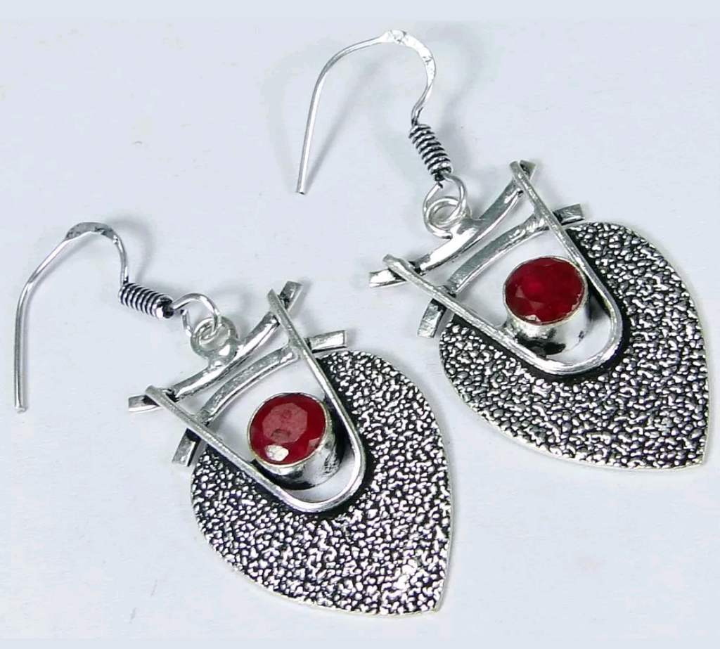 Silver, natural ruby earrings