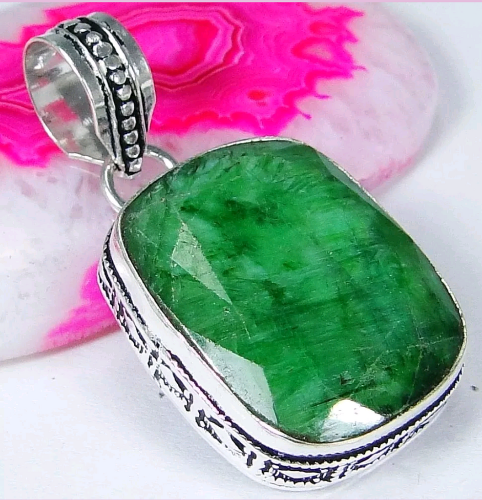 Silver, natural emerald pendant