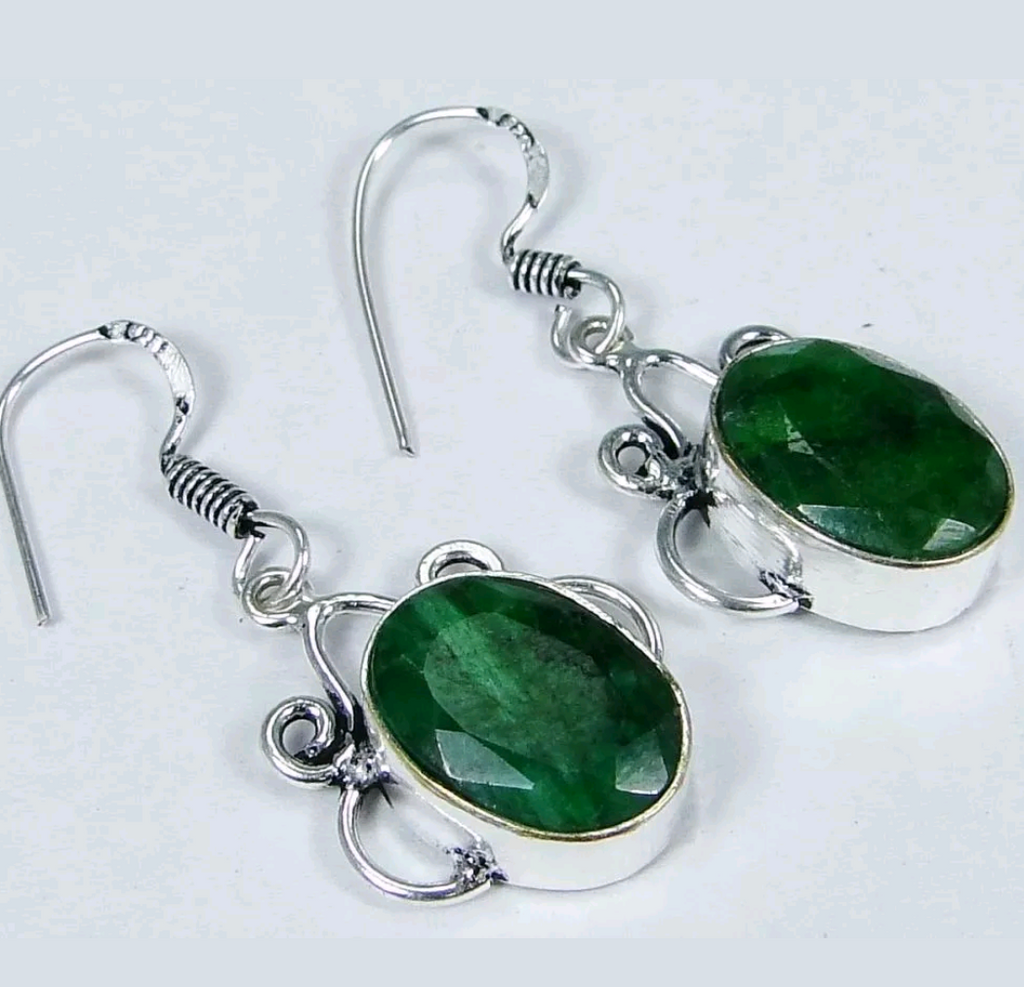 Silver, natural emerald earrings