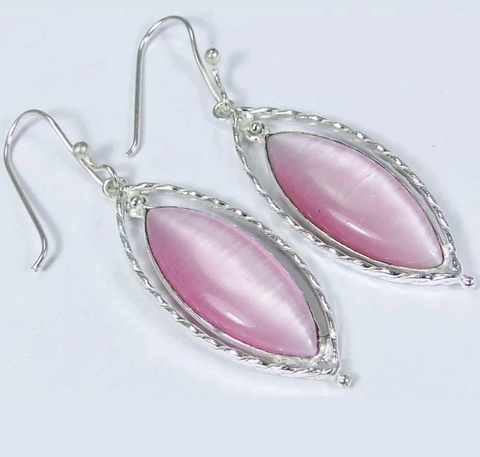 Silver, pink cat eye opal earrings