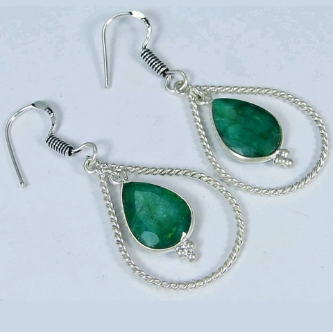 Silver, natural emerald earrings