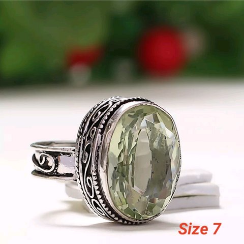 Silver, green amethyst size 7