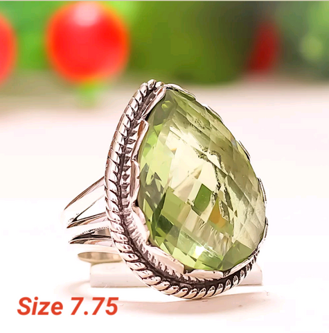 Silver, green amethyst size 7.75