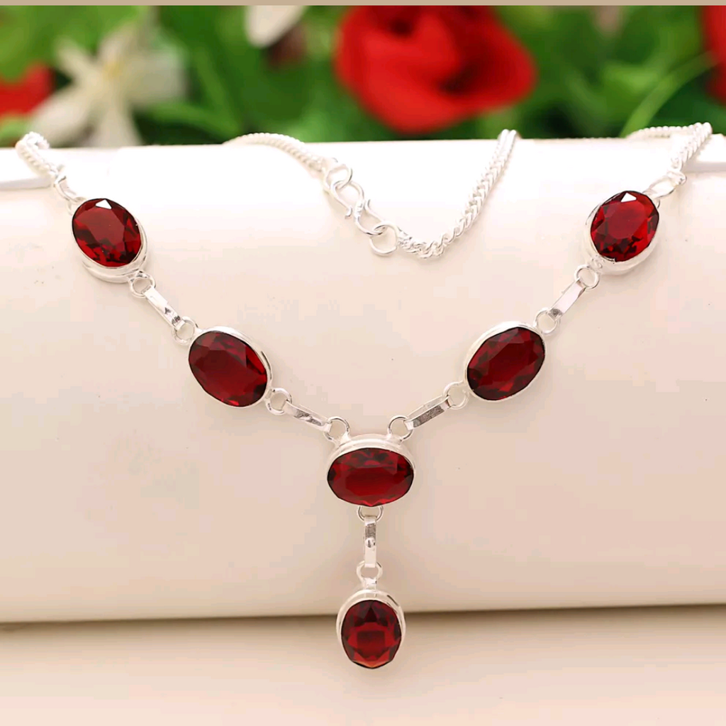 Silver, red garnet necklace
