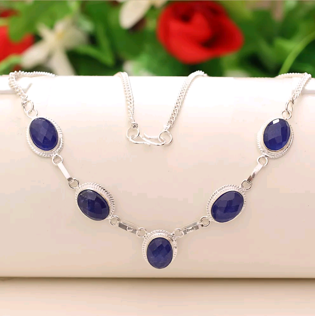 Silver, natural sapphire necklace