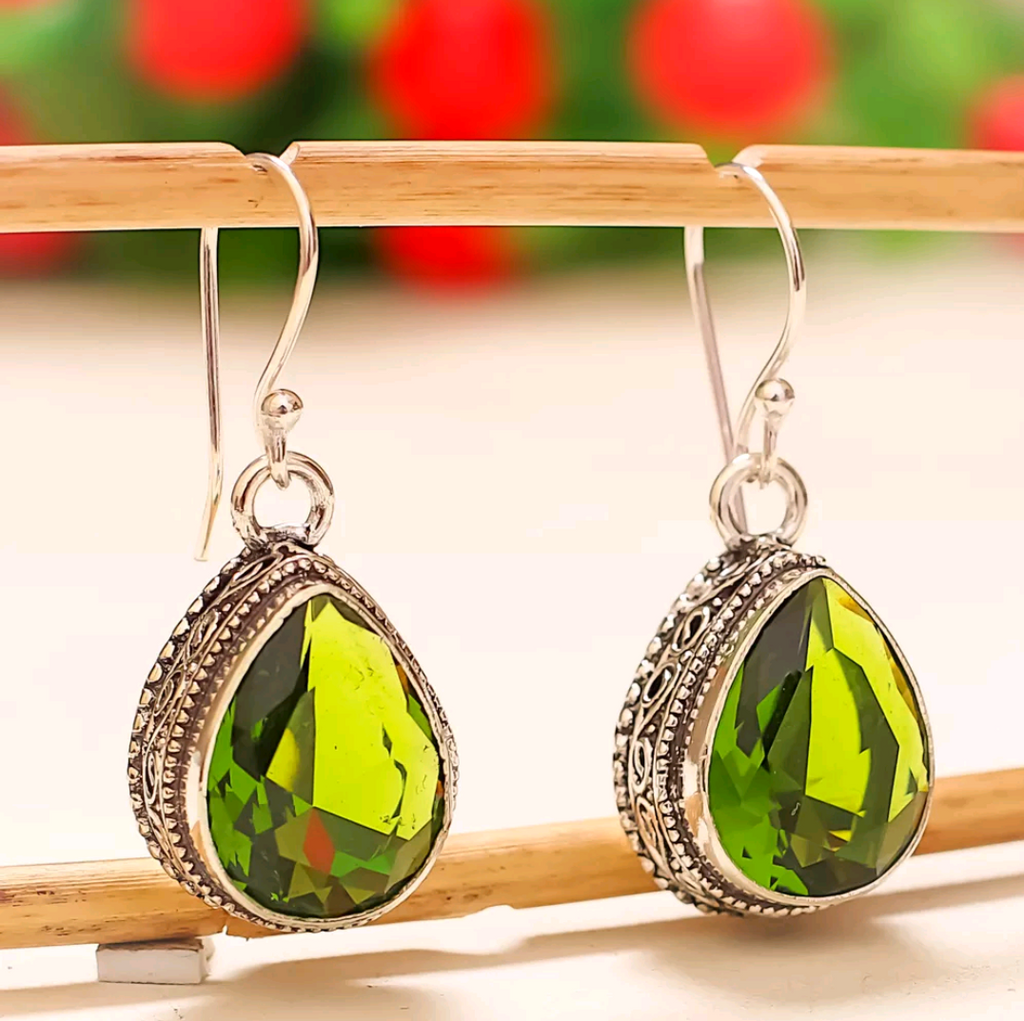 Silver, green peridot earrings