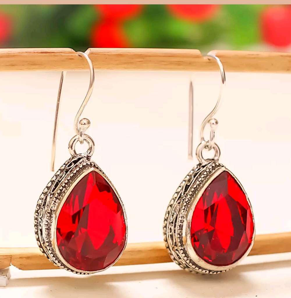 Silver, red garnet earrings