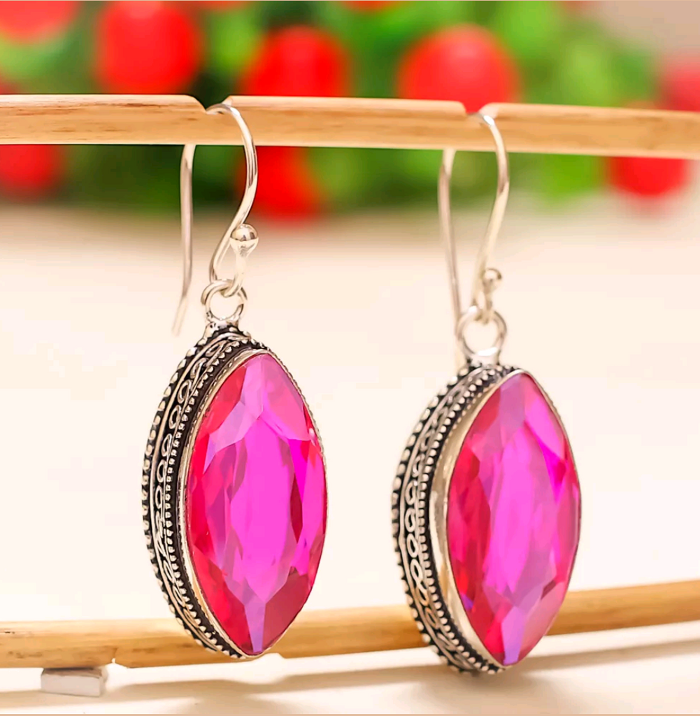 Silver, pink mystic topaz earrings